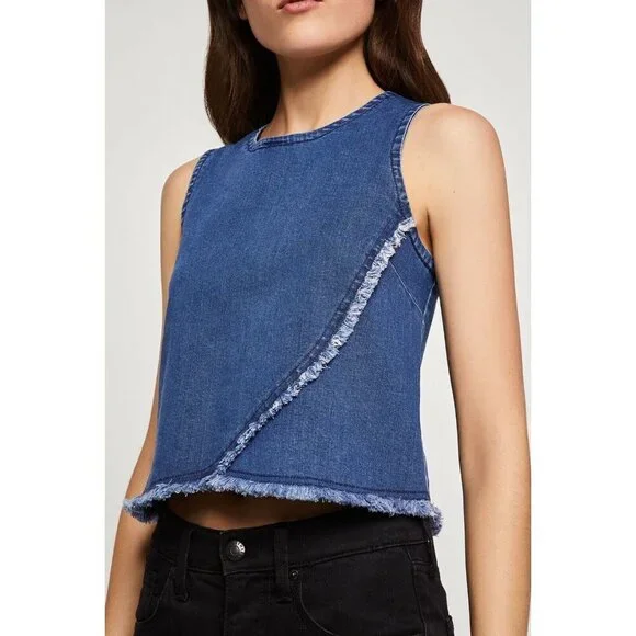 BCBGeneration Denim Crop Top Frayed Hem Blue Medium Wash Denim Top SZ L NWT - Picture 4 of 5